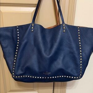 Valentino Reversible Navy and Tan Leather Studded Large Tote